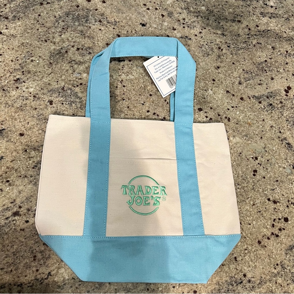Trader Joe's Mini Canvas Tote in Cream and Light Blue